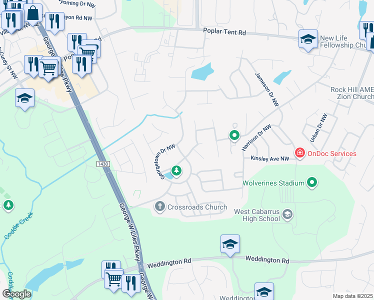 map of restaurants, bars, coffee shops, grocery stores, and more near 2537 Bellingham Drive Northwest in Concord
