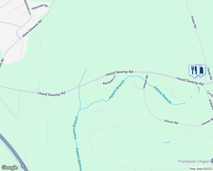 map of restaurants, bars, coffee shops, grocery stores, and more near 106 Racquet Lane in Goldsboro