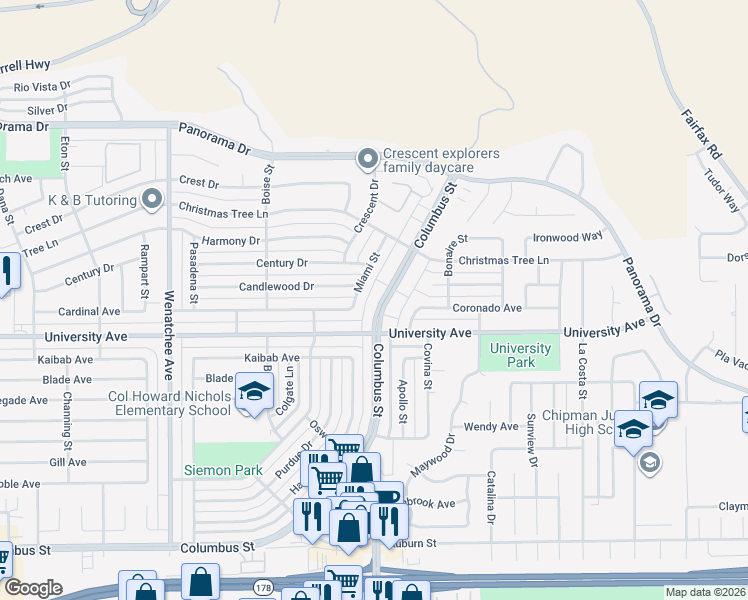map of restaurants, bars, coffee shops, grocery stores, and more near 4236 Columbus Street in Bakersfield