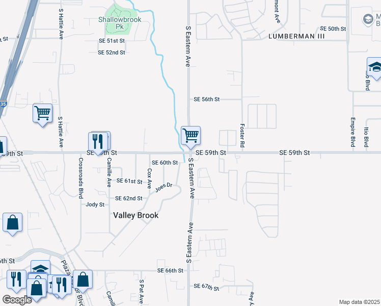 map of restaurants, bars, coffee shops, grocery stores, and more near SE 59th St & S Eastern Ave in Oklahoma City