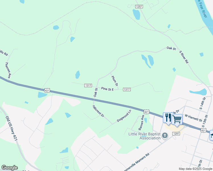 map of restaurants, bars, coffee shops, grocery stores, and more near 69 Pine St E in Lillington
