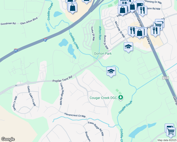 map of restaurants, bars, coffee shops, grocery stores, and more near 961 Tartan Lane Northwest in Concord