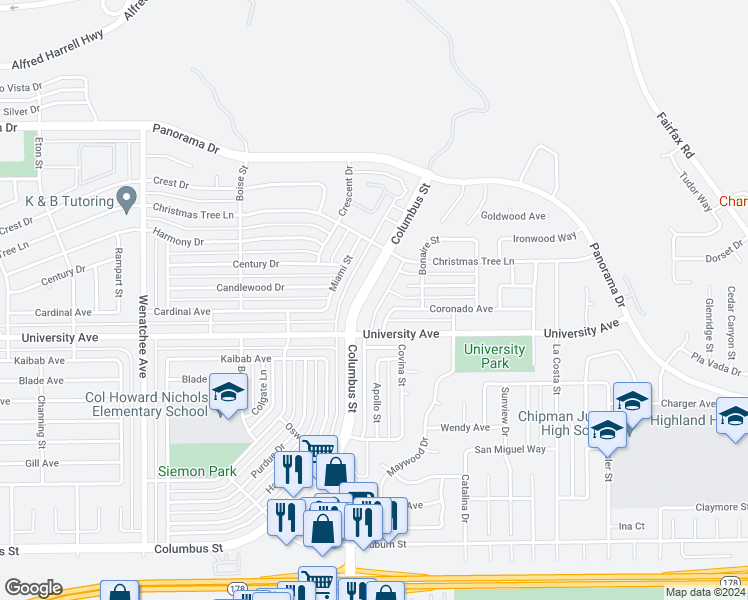 map of restaurants, bars, coffee shops, grocery stores, and more near 3512 Arcadia Street in Bakersfield