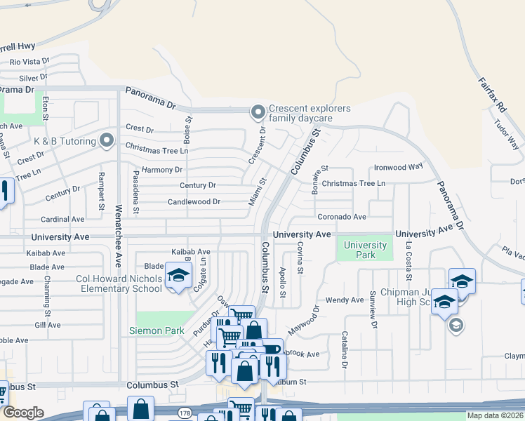 map of restaurants, bars, coffee shops, grocery stores, and more near 4236 Columbus Street in Bakersfield