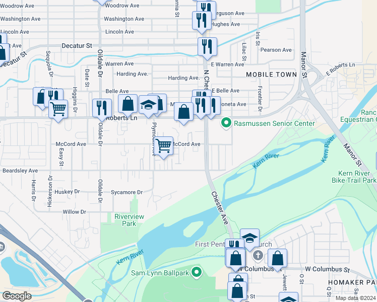 map of restaurants, bars, coffee shops, grocery stores, and more near 107 North Chester Avenue in Bakersfield