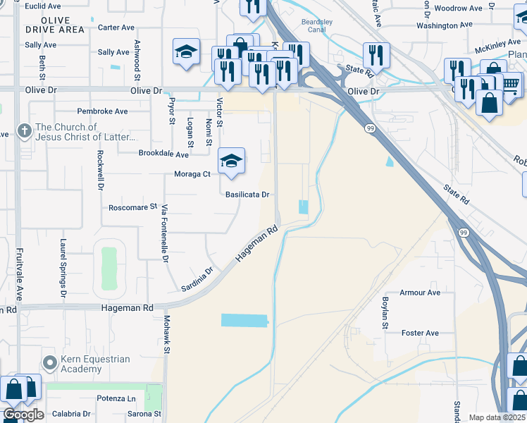 map of restaurants, bars, coffee shops, grocery stores, and more near Hageman Road in Bakersfield