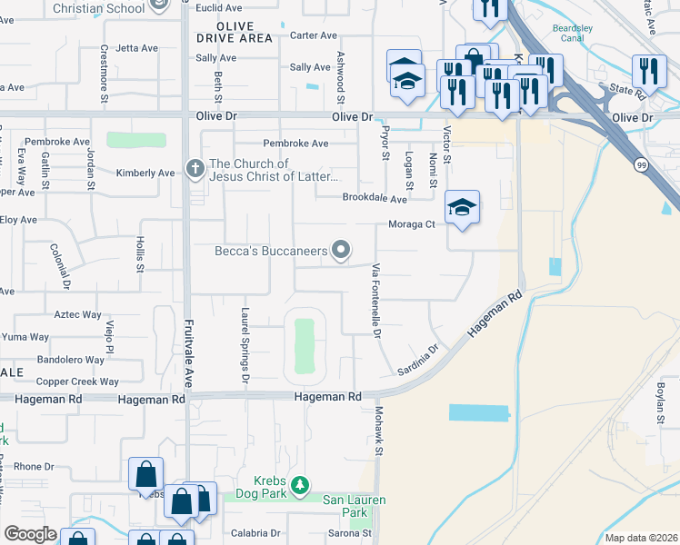 map of restaurants, bars, coffee shops, grocery stores, and more near 5810 Lausanne Street in Bakersfield