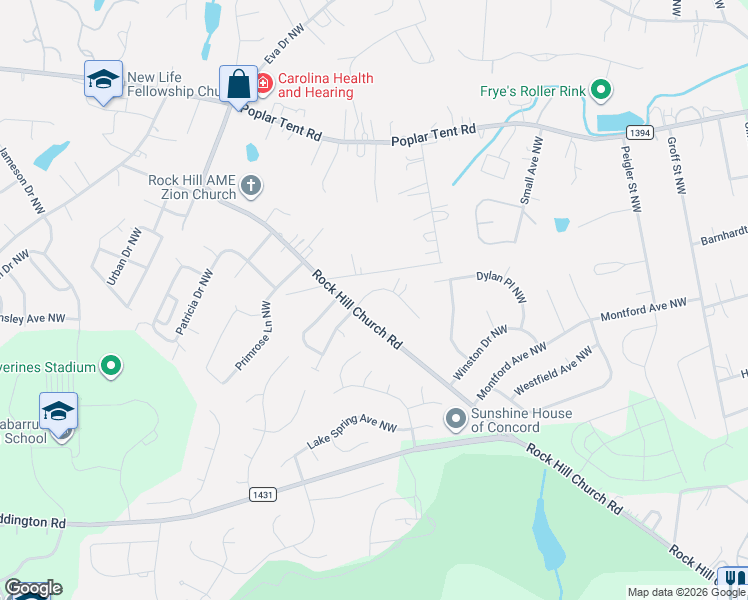 map of restaurants, bars, coffee shops, grocery stores, and more near 630 Lancer Court Northwest in Concord