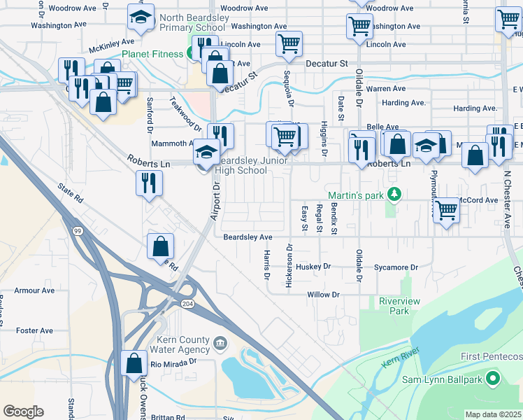 map of restaurants, bars, coffee shops, grocery stores, and more near 143 Fernwood Lane in Bakersfield
