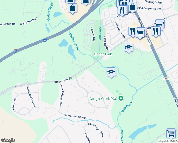 map of restaurants, bars, coffee shops, grocery stores, and more near 961 Tartan Lane Northwest in Concord