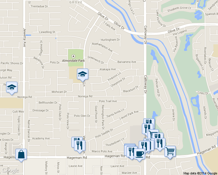 map of restaurants, bars, coffee shops, grocery stores, and more near 13102 Cheyenne Drive in Bakersfield