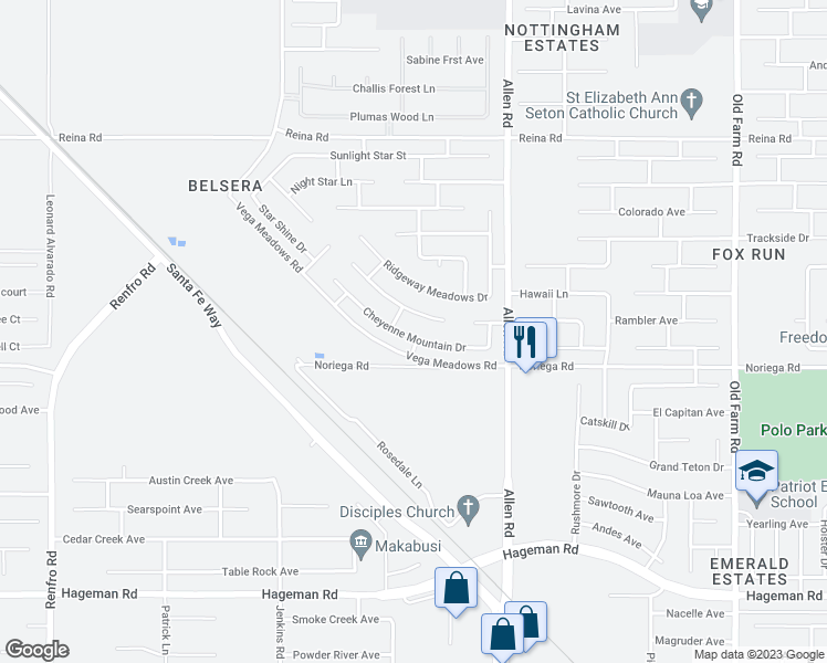map of restaurants, bars, coffee shops, grocery stores, and more near 13204 Cheyenne Mountain Drive in Bakersfield