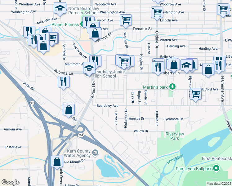 map of restaurants, bars, coffee shops, grocery stores, and more near 130 Fernwood Lane in Bakersfield