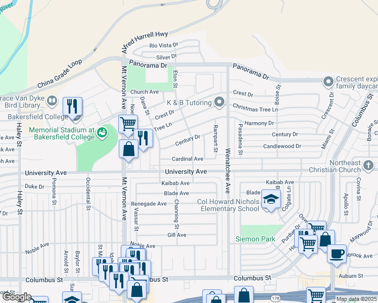 map of restaurants, bars, coffee shops, grocery stores, and more near 3608 Eton Street in Bakersfield