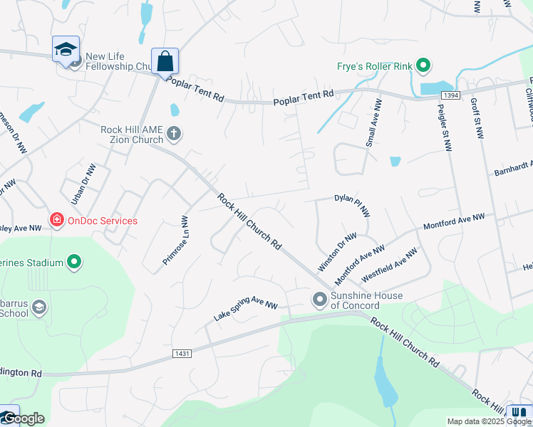 map of restaurants, bars, coffee shops, grocery stores, and more near 616 Lancer Court Northwest in Concord