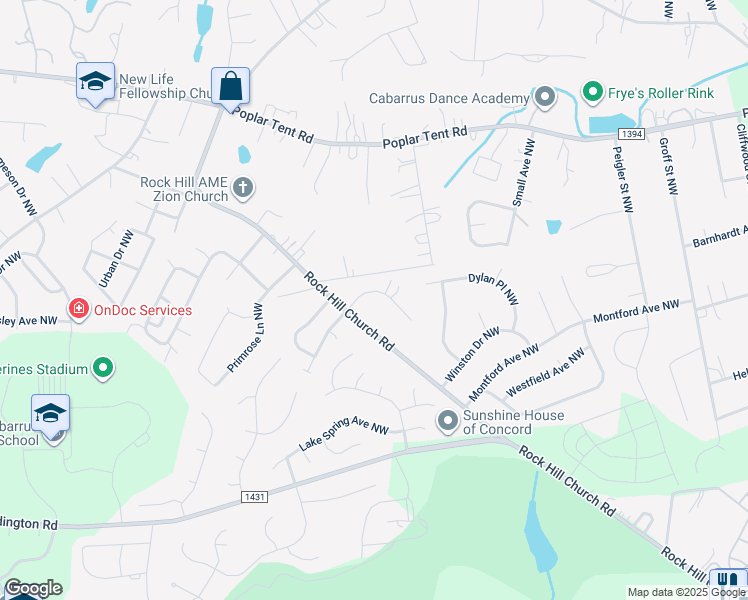 map of restaurants, bars, coffee shops, grocery stores, and more near 616 Lancer Court Northwest in Concord