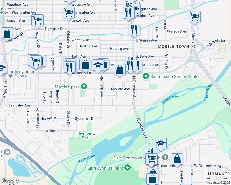 map of restaurants, bars, coffee shops, grocery stores, and more near 201 McCord Avenue in Bakersfield