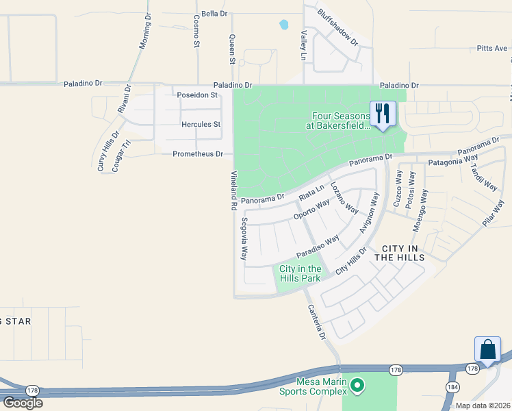 map of restaurants, bars, coffee shops, grocery stores, and more near 9807 Riata Lane in Bakersfield