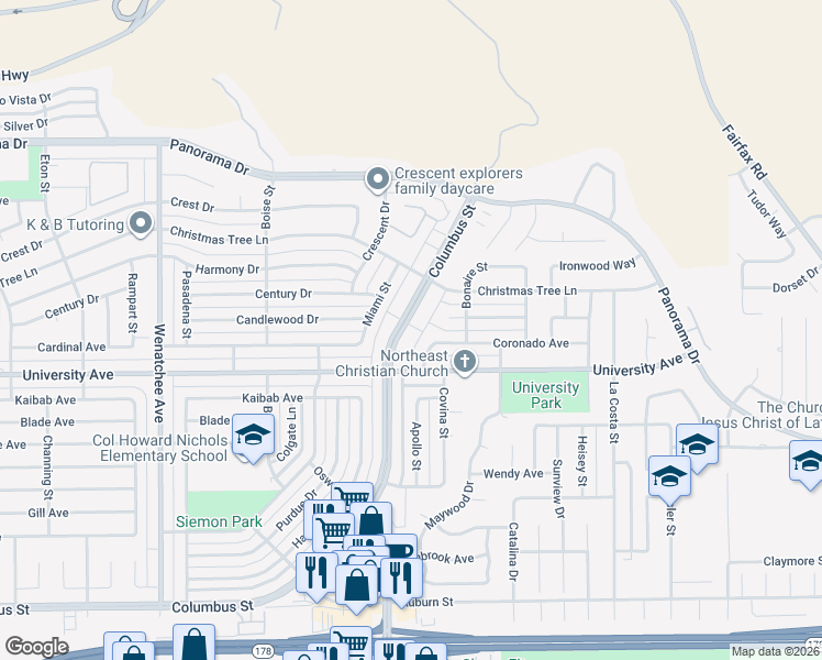 map of restaurants, bars, coffee shops, grocery stores, and more near 3512 Arcadia Street in Bakersfield
