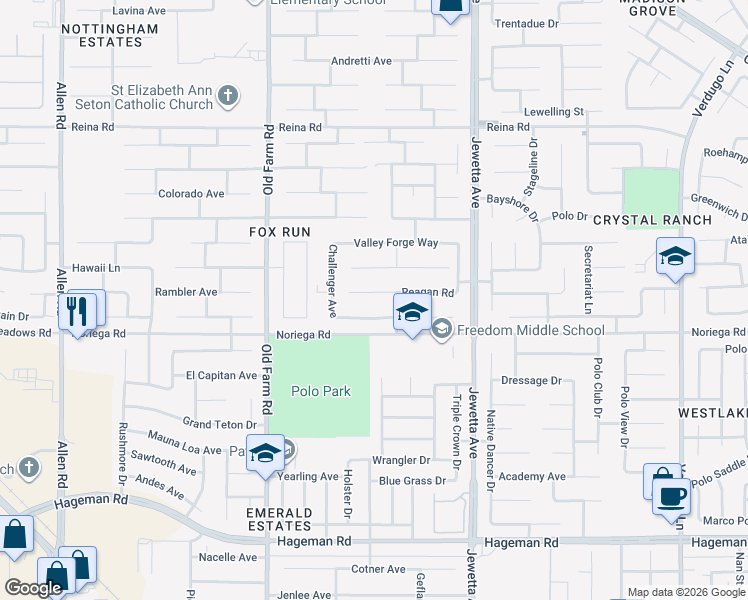 map of restaurants, bars, coffee shops, grocery stores, and more near 11600 Presidential Road in Bakersfield