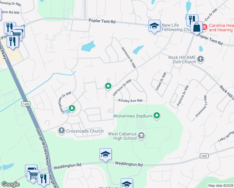 map of restaurants, bars, coffee shops, grocery stores, and more near 569 Harrison Drive Northwest in Concord