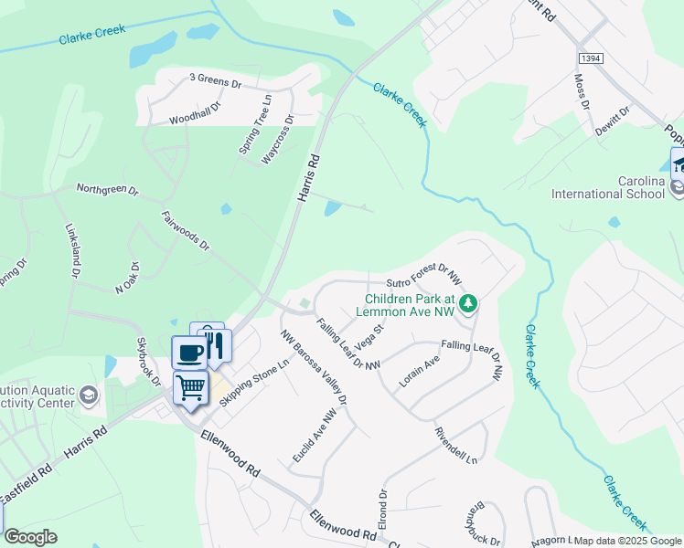 map of restaurants, bars, coffee shops, grocery stores, and more near 489 Sutro Forest Drive Northwest in Concord