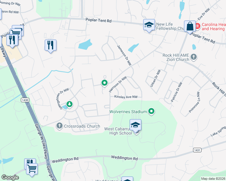 map of restaurants, bars, coffee shops, grocery stores, and more near 569 Harrison Drive Northwest in Concord