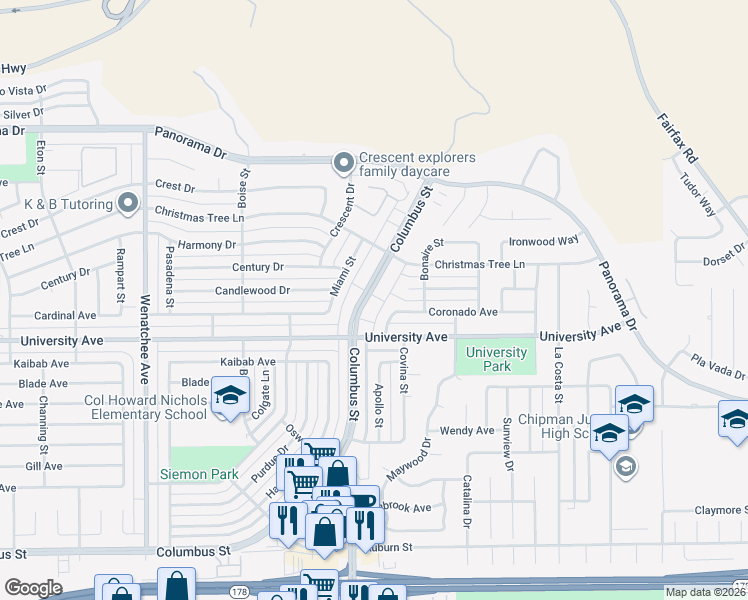 map of restaurants, bars, coffee shops, grocery stores, and more near 3512 Arcadia Street in Bakersfield
