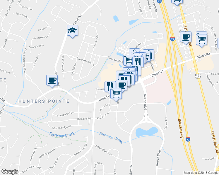 map of restaurants, bars, coffee shops, grocery stores, and more near 9535 Stawell Drive in Huntersville