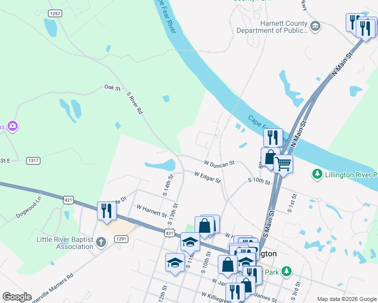 map of restaurants, bars, coffee shops, grocery stores, and more near 510 West Duncan Street in Lillington