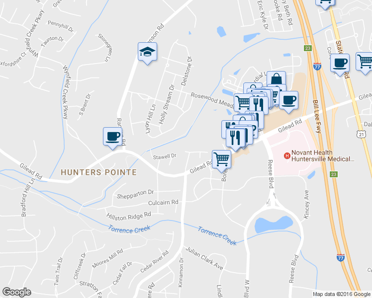 map of restaurants, bars, coffee shops, grocery stores, and more near 9429 Stawell Drive in Huntersville