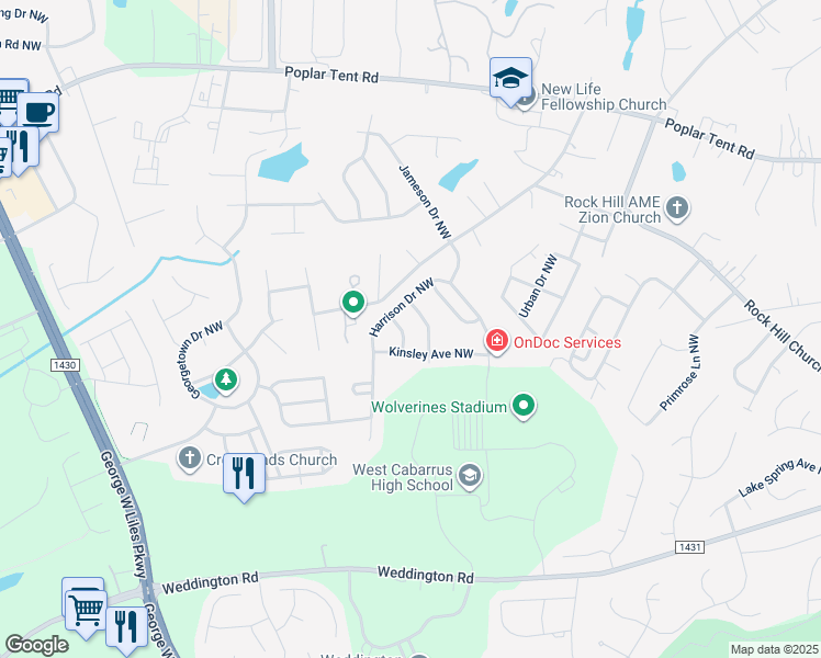 map of restaurants, bars, coffee shops, grocery stores, and more near 2635 Ellington Street Northwest in Concord