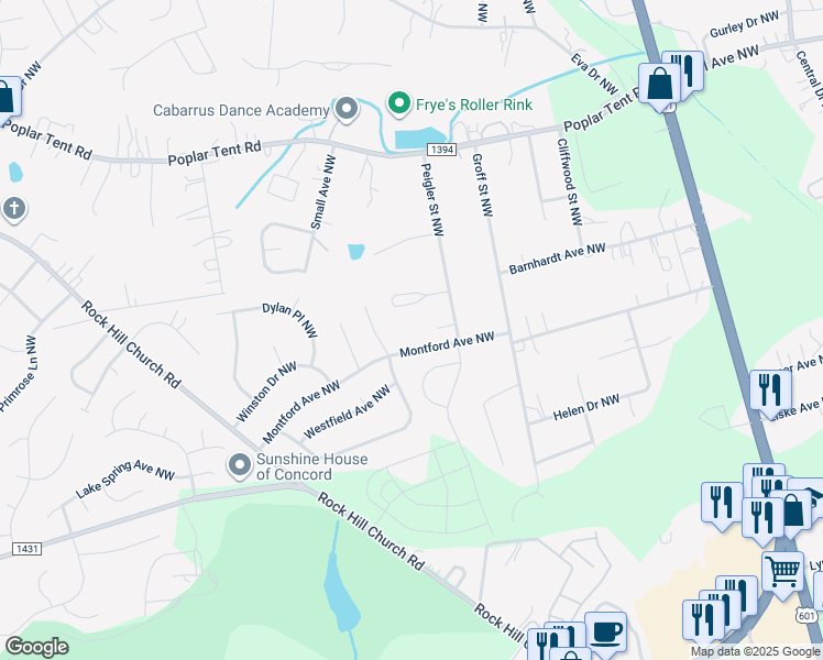map of restaurants, bars, coffee shops, grocery stores, and more near 624 Peigler Street Northwest in Concord