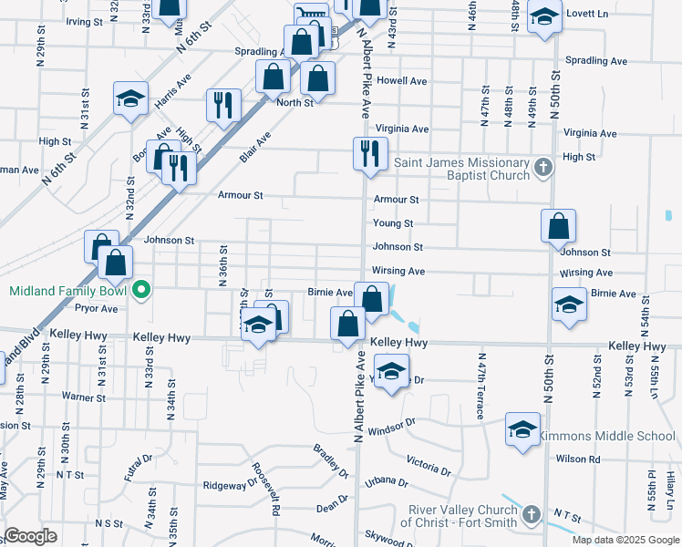 map of restaurants, bars, coffee shops, grocery stores, and more near 4102 Wirsing Avenue in Fort Smith