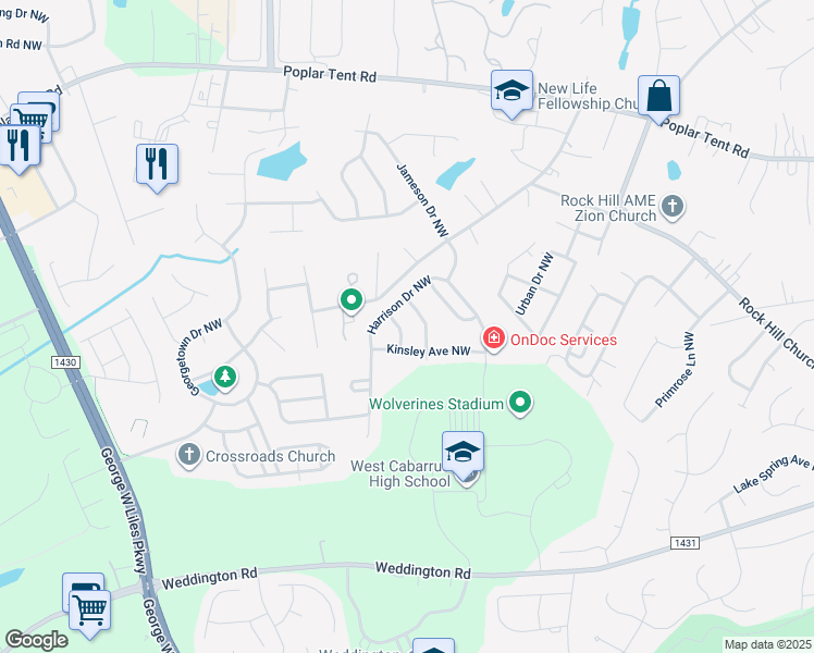 map of restaurants, bars, coffee shops, grocery stores, and more near 2635 Ellington Street Northwest in Concord
