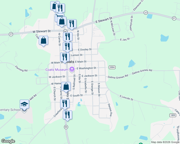 map of restaurants, bars, coffee shops, grocery stores, and more near 259 East Jackson Street in Coats