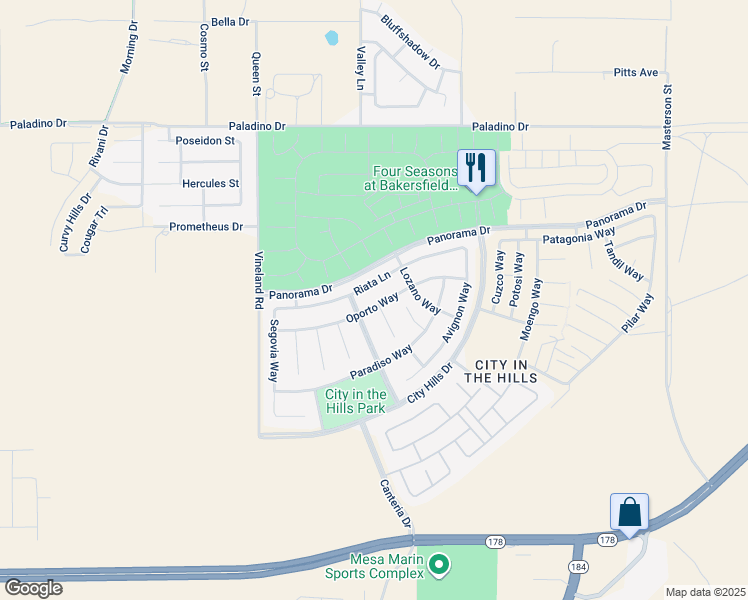 map of restaurants, bars, coffee shops, grocery stores, and more near 10114 Oporto Way in Bakersfield