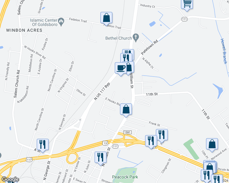 map of restaurants, bars, coffee shops, grocery stores, and more near 1907 North John Court in Goldsboro