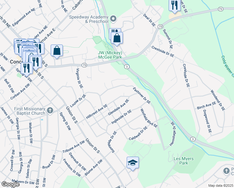 map of restaurants, bars, coffee shops, grocery stores, and more near 161 Hillcrest Avenue Southeast in Concord