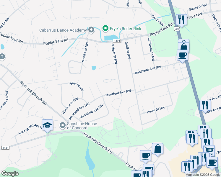 map of restaurants, bars, coffee shops, grocery stores, and more near 624 Peigler Street Northwest in Concord