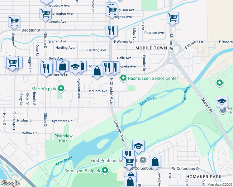 map of restaurants, bars, coffee shops, grocery stores, and more near 126 North Chester Avenue in Bakersfield