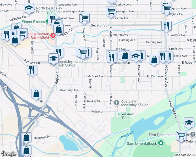 map of restaurants, bars, coffee shops, grocery stores, and more near 121 Regal Street in Bakersfield