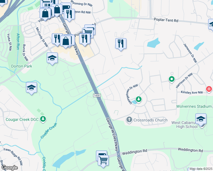 map of restaurants, bars, coffee shops, grocery stores, and more near 2535 Botanical Court Northwest in Concord