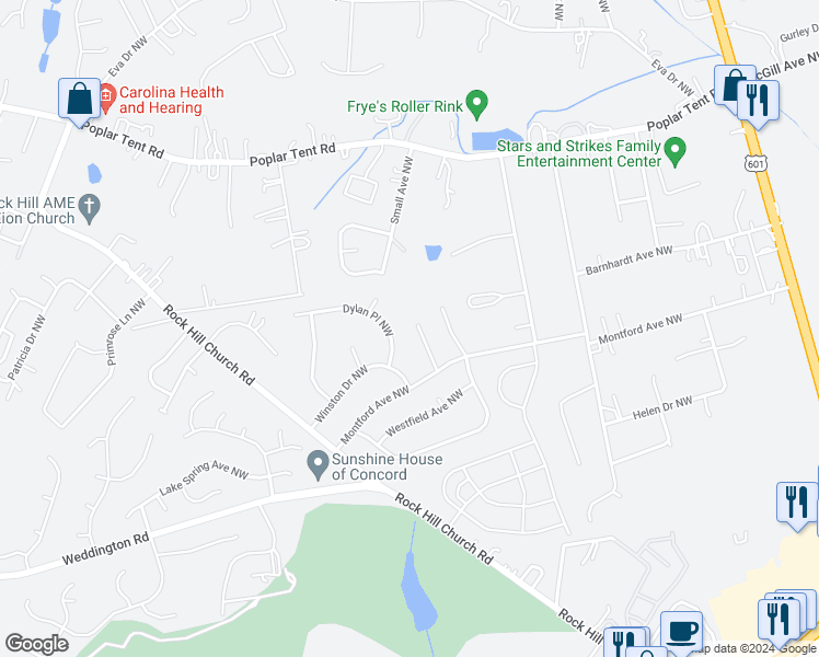 map of restaurants, bars, coffee shops, grocery stores, and more near 362 Wakemeadow Place Northwest in Concord