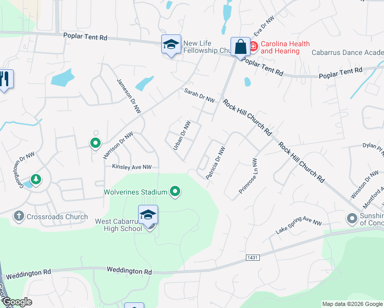 map of restaurants, bars, coffee shops, grocery stores, and more near 615 Barrington Place Northwest in Concord
