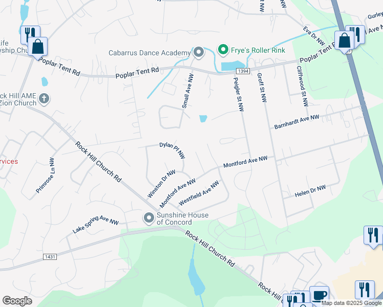 map of restaurants, bars, coffee shops, grocery stores, and more near 362 Wakemeadow Place Northwest in Concord