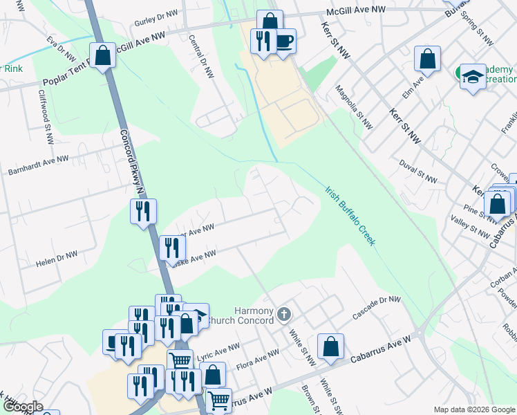 map of restaurants, bars, coffee shops, grocery stores, and more near 89 Sumner Avenue Northwest in Concord