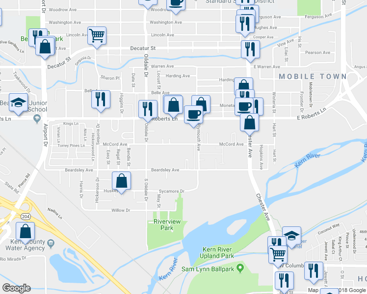 map of restaurants, bars, coffee shops, grocery stores, and more near 317 McCord Avenue in Bakersfield