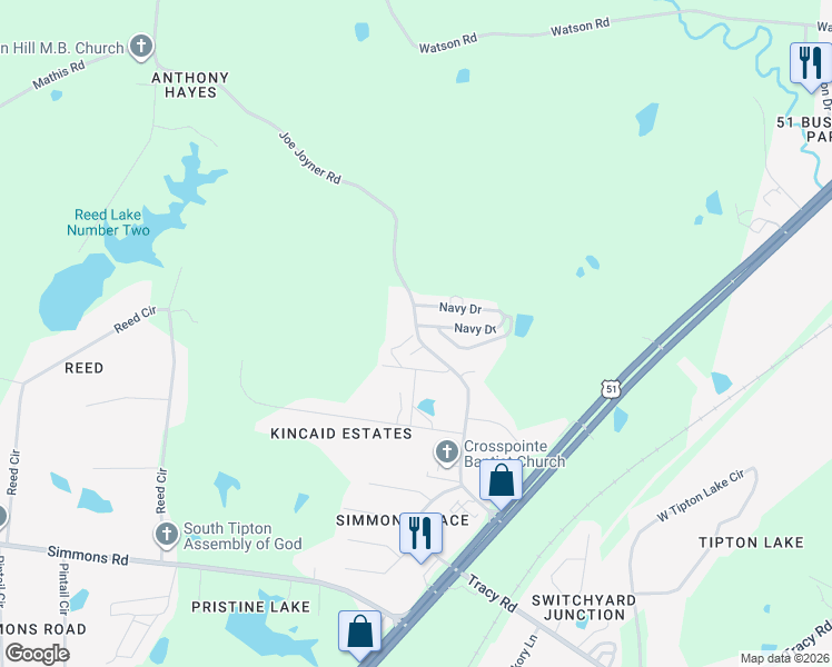 map of restaurants, bars, coffee shops, grocery stores, and more near 33 Gene Cove in Munford