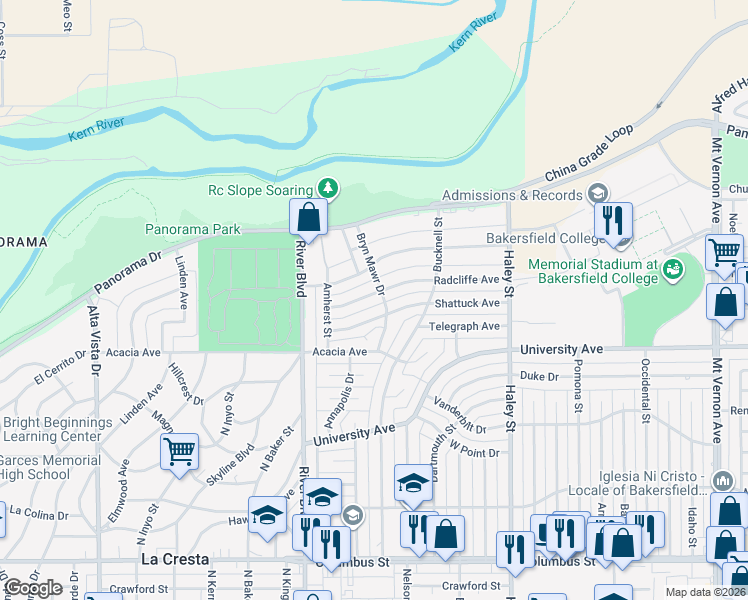 map of restaurants, bars, coffee shops, grocery stores, and more near 3525 Bryn Mawr Drive in Bakersfield